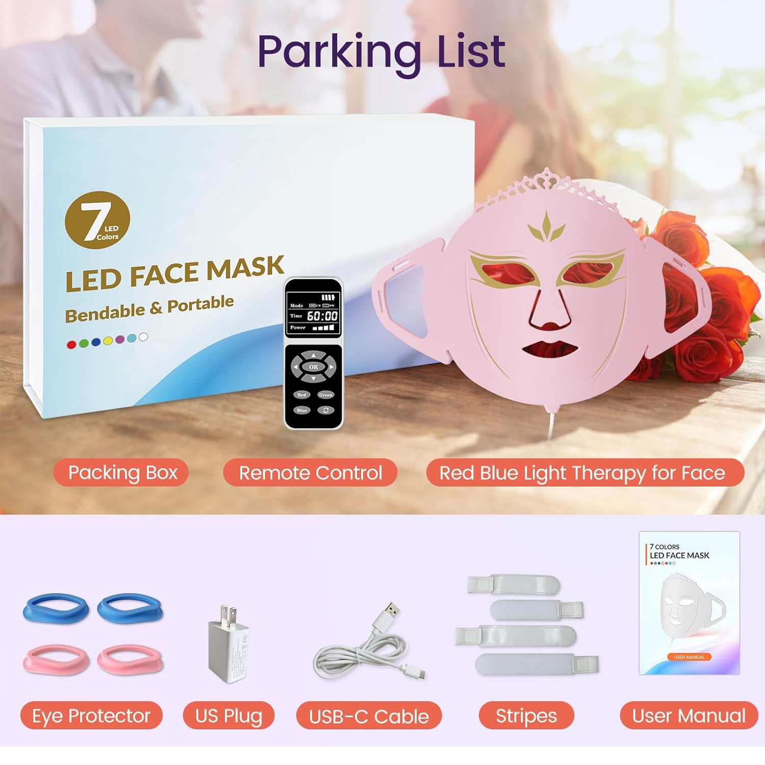 Led Light Mask for Face, Red Light Therapy for Face, 7 Colors Led Facial Mask Light Therapy, Silicone Facial Light Therapy Device, Blue Light Face Skincare Facial Mask, for Collagen Production