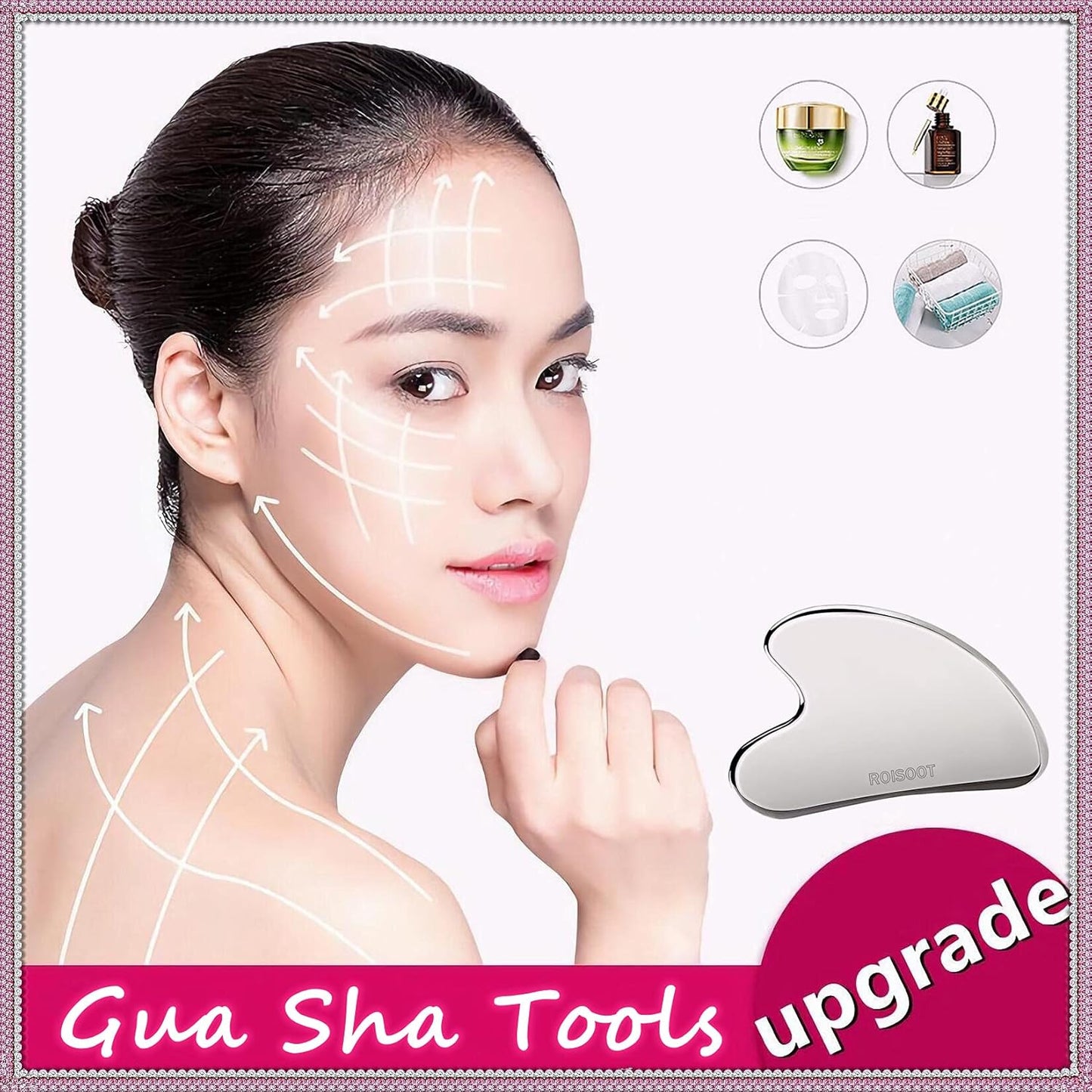 Upgrade Gua Sha Stainless Steel Tool for Face, Massage Scraper for Facial Skin Care (Metallic Luster)