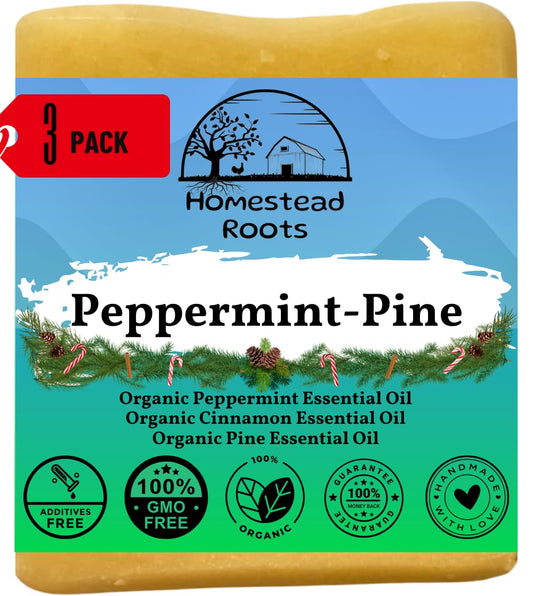 -Peppermint-Pine- Grass-Fed Beef Tallow and Organic Oils - Scented with Organic Essential Oils - Artisanal Bar Soap - 3 Pack - Each Bar Unique-