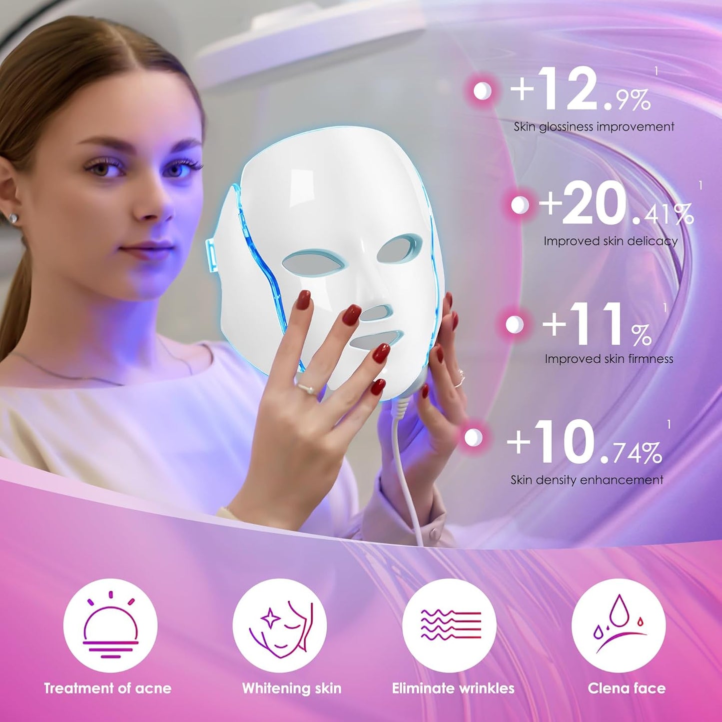 Red-Light-Therapy-For-Face, Led Face Mask Light Therapy, 7-1 Colors LED Facial Skin Care Mask (White)