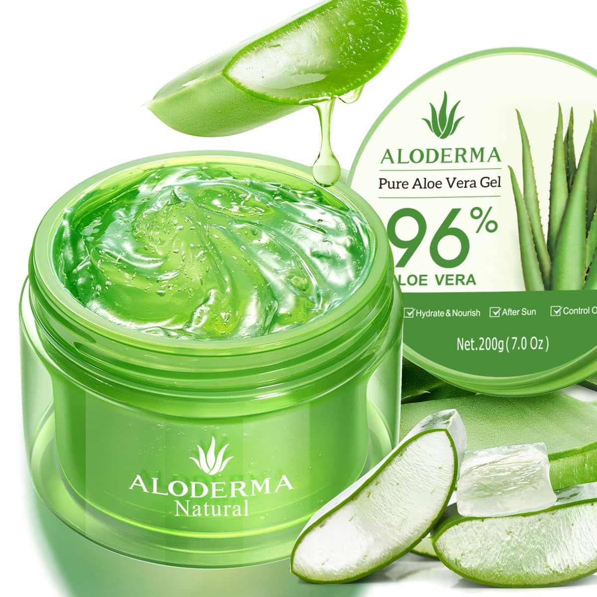 Organic Aloe Vera Gel for Face & Body, 96% Pure Aloe Gel Made within 12 Hours of Harvest, Ideal for Skin, Scalp, & Hair Hydration, Calming Moisturizer for Soothing after Sun Care Relief, 7Oz