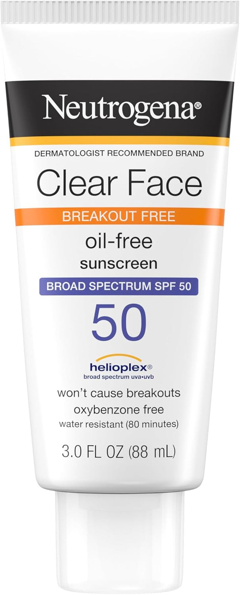 Clear Face Sunscreen Lotion for Acne-Prone Skin, Broad Spectrum SPF 50 Facial Sunscreen for Oily Skin, Oil-, Fragrance- & Oxybenzone-Free Water Resistant Sunscreen, 3 Fl. Oz