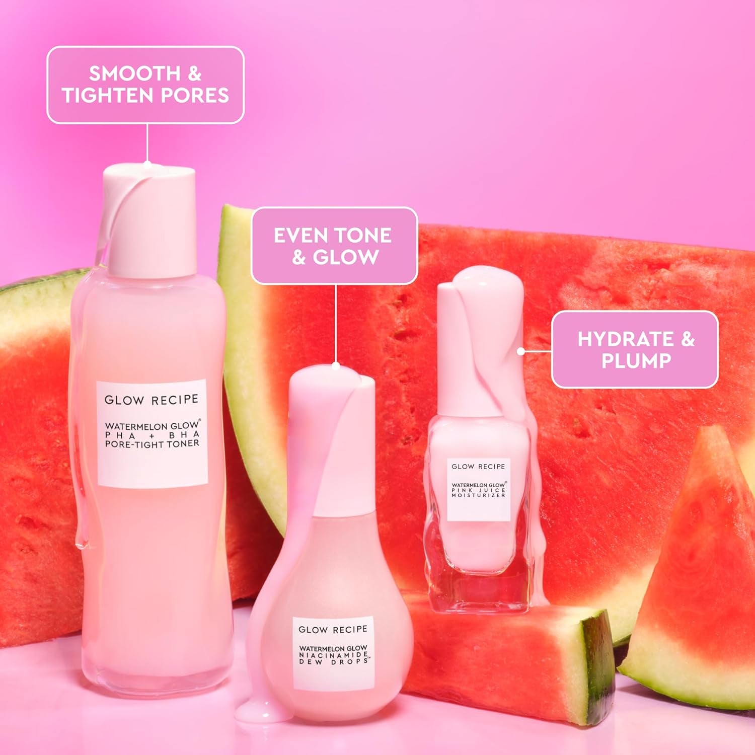 Watermelon Glow Icons Skin Care Gift Set - Niacinamide Dew Drops Face Serum + PHA + BHA Pore Minimizing Toner with Hyaluronic Acid + Pink Juice Facial Moisturizer (3 Count)