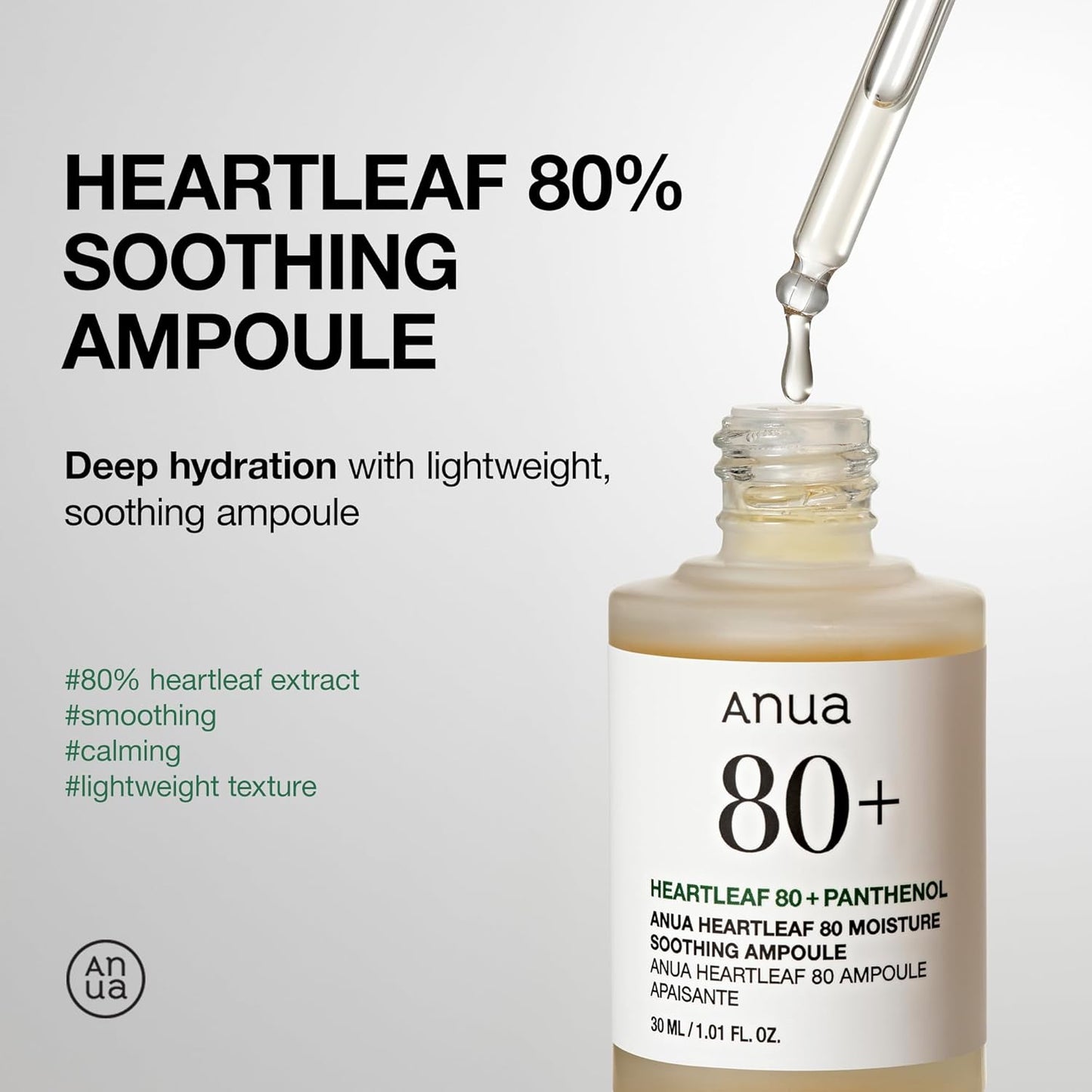 Heartleaf 80 Soothing Ampoule 30Ml / 1.01 Fl.Oz. I Non-Greasy, Highly Concentrated Skin Calm Serum Hydrating Panthenol B5 Calming Treatment Essence for Combination, Sensitive, Normal Skin, Korea