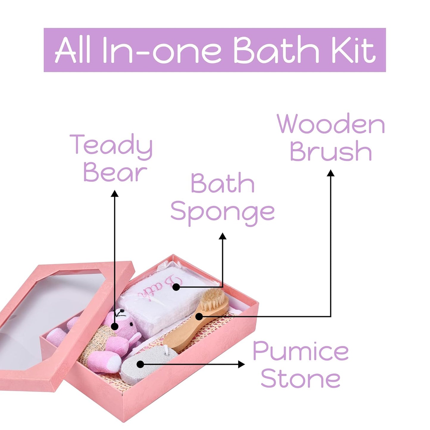 Bath Gift Box - 5-Piece - Toiletries Gift Baskets for Self-Care - 9.8X4 Inch - Shower Body Wash Kit - Complete Hygiene Care Package with Brush, Pumice Stone, and 2 Sponges (Bear) - Pink