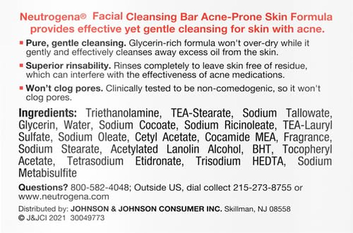 Facial Cleansing Bar Treatment for Acne-Prone Skin, Non-Medicated & Glycerin-Rich Formula Gently Cleanses without Over-Drying, No Detergents or Dyes, Non-Comedogenic, 3.5 Oz