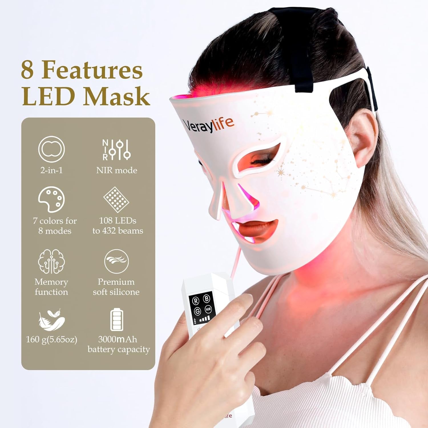 Red Light Face Mask, 8 Modes Portable Led Face Mask Light Therapy, 850Nm near Infrared Red Light Therapy for Face, Infrared Face Light Therapy, Face Skincare Tool